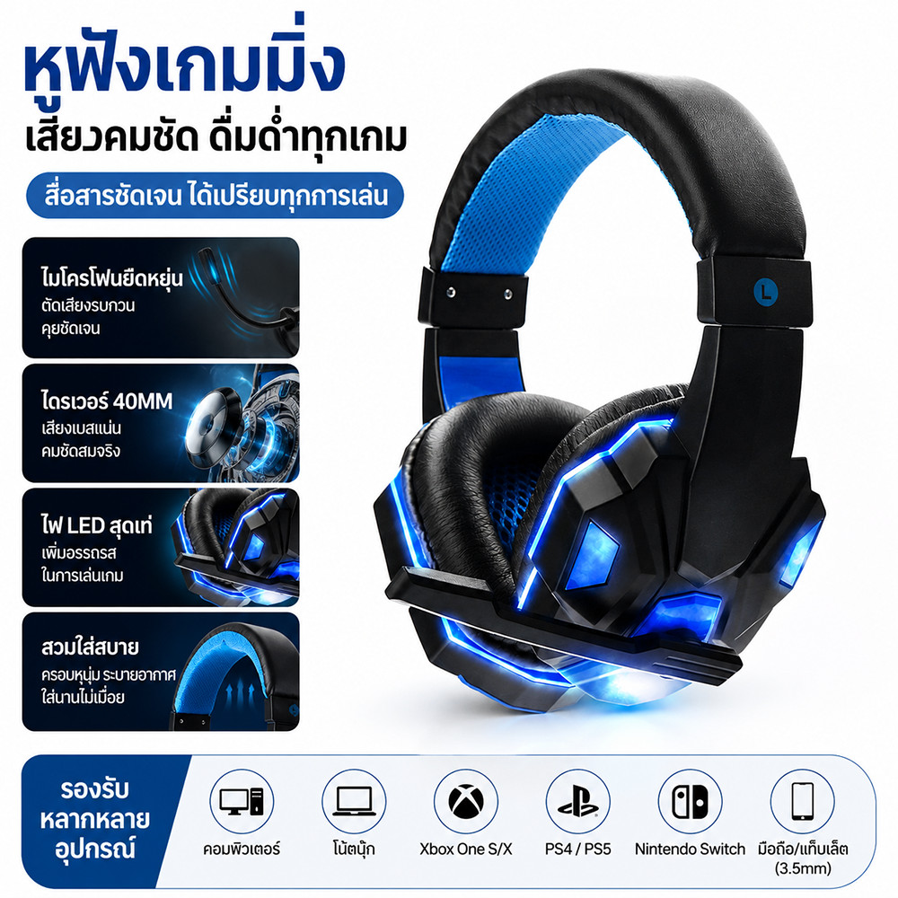 หูฟังเกมมิ่ง 3.5mm แบบครอบหู พร้อมไมโครโฟน เสียงสเตอริโอ เบสแน่น มีไฟ LED Gaming Headset สำหรับมือถือ/PC/โน๊ตบุ๊ค