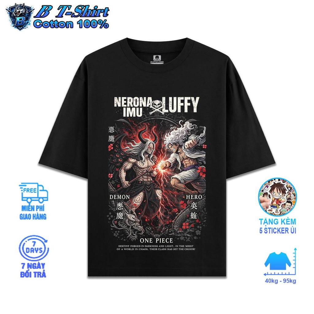 เสื้อยืดผ้าฝ้าย Luffy Vs Nerona Imu ผ้าคอตตอนแท้ 250gsm, Oversize Form ตั้งแต่ 40-95kg, B Tshirt