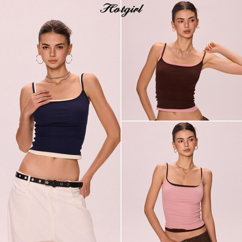 Hotgirl พร้อมส่ง เสื้อสายเดี่ยวผู้หญิงสไตล์อเมริกันแบบเผ็ด สไตล์สลิมฟิต สามารถวางซ้อนได้ แมทได้ทั้งกระโปรงและกางเกง
