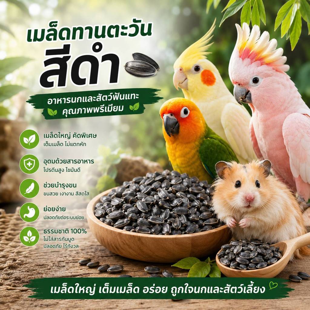 Hambit. เมล็ดทานตะวันสีดำ เกรดพรีเมียม (60g) อาหารนกแก้ว นกทุกชนิด เมล็ดใหญ่ เต็มเมล็ด บำรุงขน