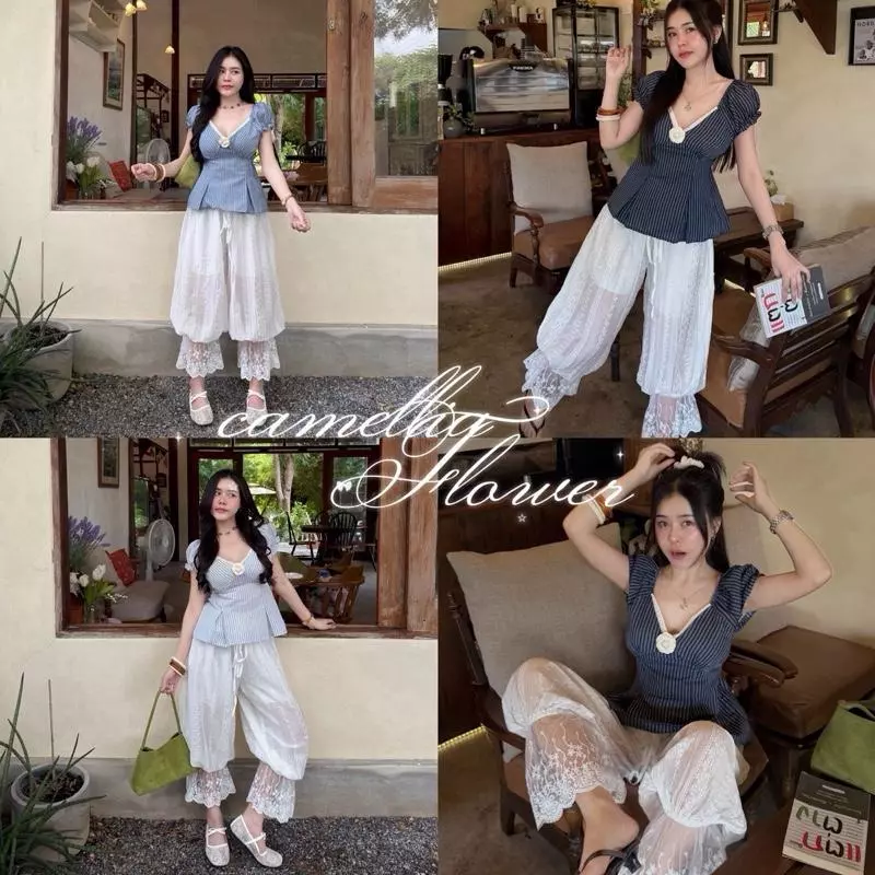 camellia look เสื้อแขนตุ๊กตา แต่งเข็มกลัดดอกคามิเลีย กางเกงจินนี่ ( มีเซต / แยกขาย)