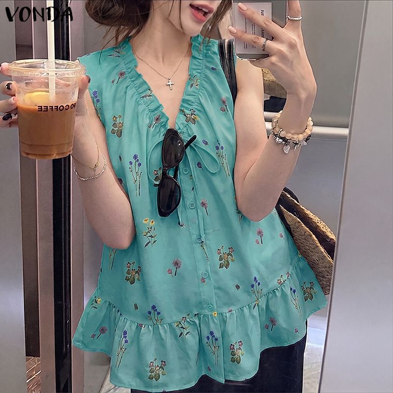 VONDA ผู้หญิงสาวเกาหลีสไตล์ V คอ Tie-Up Bows ดอกไม้พิมพ์ Ruffles Hem A-Line ถัง — صورة 6