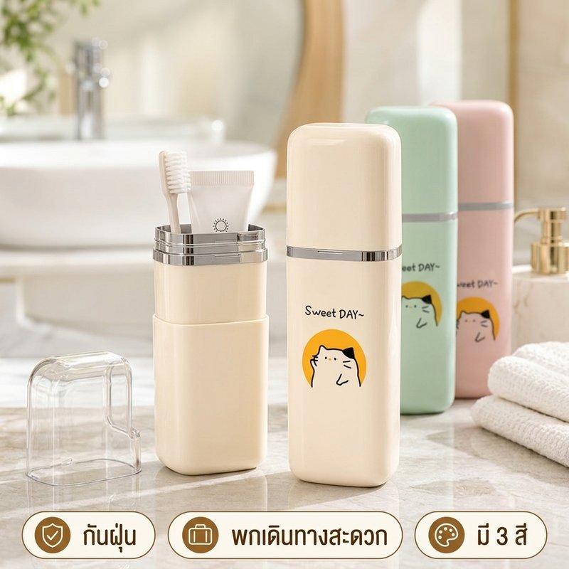 กระบอกใส่แปรงสีฟันพกพา กล่องเก็บแปรงสีฟันเดินทาง พร้อมแก้วน้ำในตัว กล่องแปรงสีฟัน พลาสติกแข็ง ใช้งานง่าย