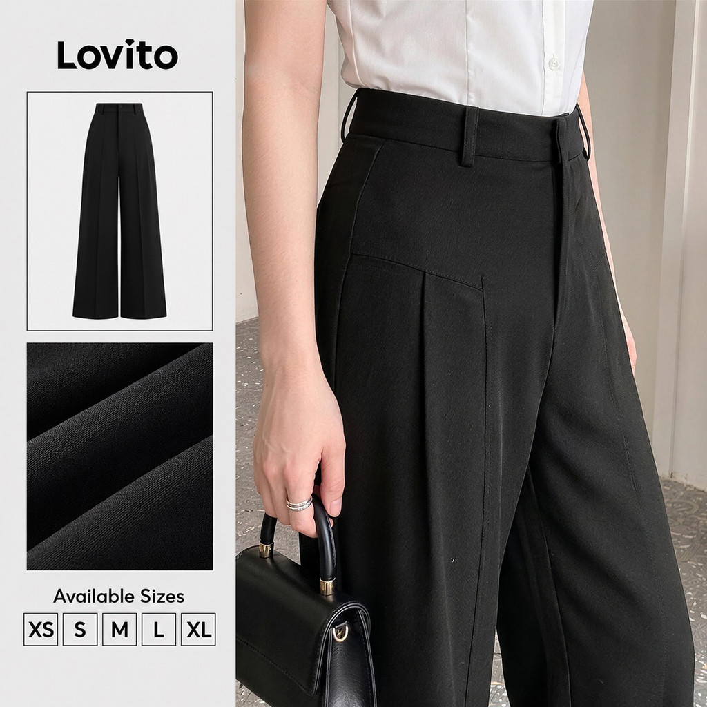 Lovito Elegant กางเกงลำลองสำหรับเดินทาง กางเกงขายาวสีดำ สำหรับผู้หญิงทุกฤดูกาล L156AD227