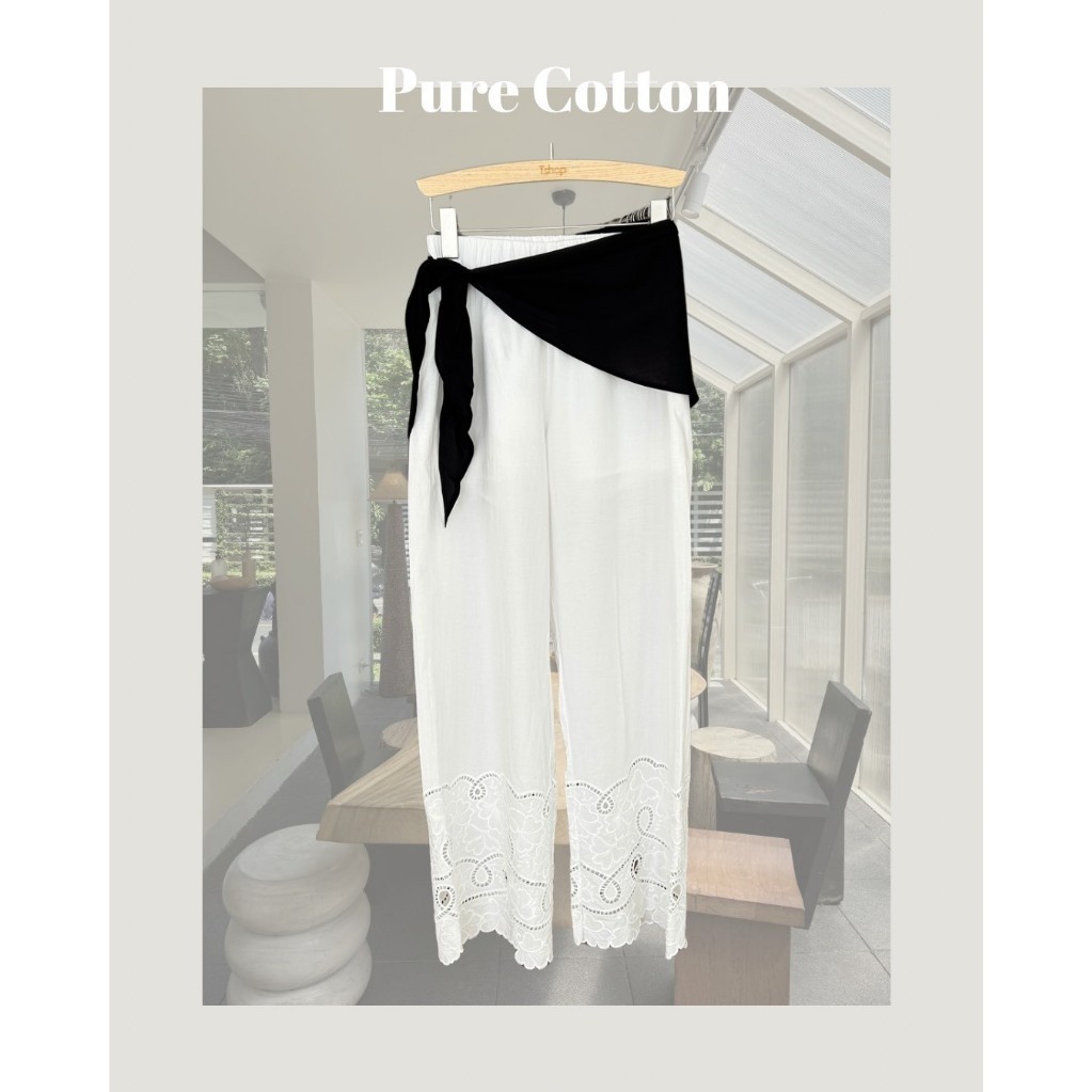 tshop กางเกงขายาว PURE COTTON + แถมผ้าผูกเอว