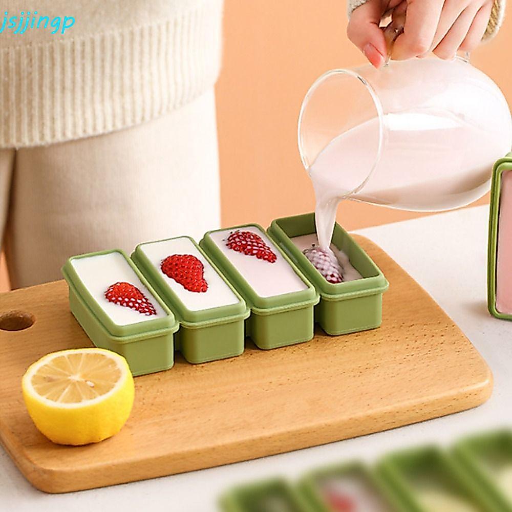 JSJJINGP แม่พิมพ์ก้อนน้ําแข็งยาว, กล่องก้อนน้ําแข็งซิลิโคนไม่ติด, DIY พร้อมฝาปิดเกรดอาหาร 4Grids Ice Mould ฤดูร้อน
