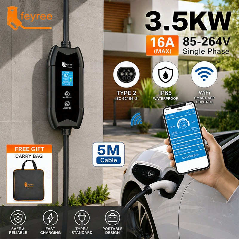 Feyree Type 2 EV Charger 16A 3.5KW แบบพกพา 3.5M/5M สําหรับยานพาหนะไฟฟ้าพร้อม Fast ปลอดภัย และสมาร์ทช