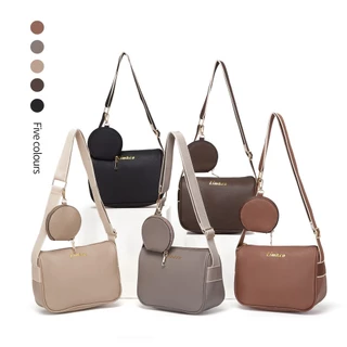 กระเป๋าถือผู้หญิงสีน้ำตาลเข้ม สีเทา สีเบจ สีดำ สีน้ำตาลอ่อน พร้อมสายสะพายยาวและกระเป๋าเล็ก
