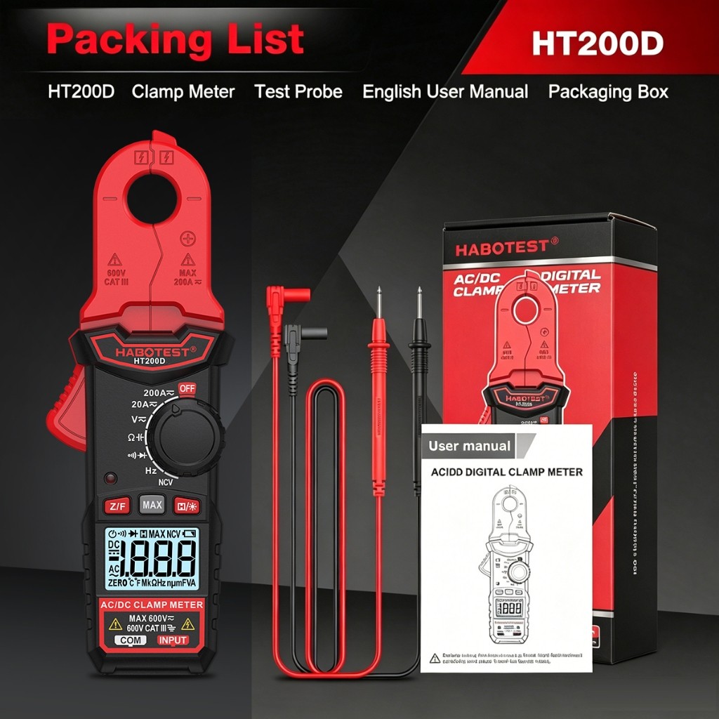 HABOTEST HT200D DC/AC กระแส แรงดัน แคลมป์มิเตอร์ดิจิตอล ต้านทานการวัด คาปาซิท