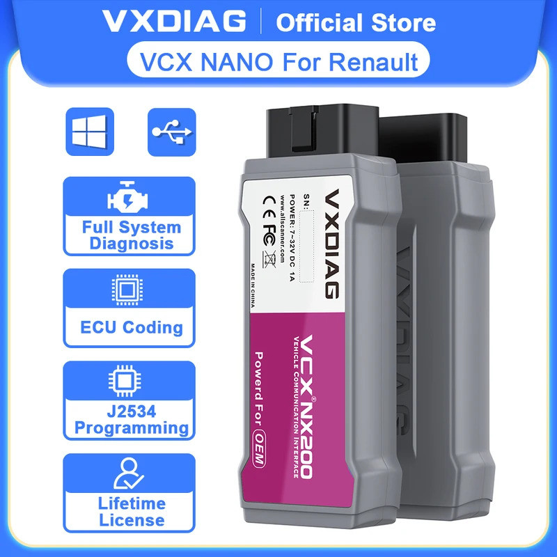 ประสิทธิภาพ VXDIAG VCX NANO สําหรับ Renault สามารถคลิปเครื่องมือวินิจฉัยรถยนต์ NX200 OBD2 เครื่องสแก