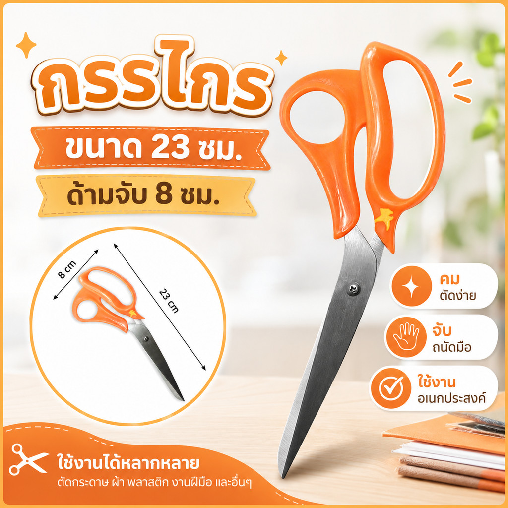 กรรไกรอเนกประสงค์ ด้ามจับสีส้ม ขนาด 23 ซม. ด้ามจับถนัดมือ สำหรับตัดกระดาษ ผ้า พลาสติก งานฝีมือ และใช้งานทั่วไป