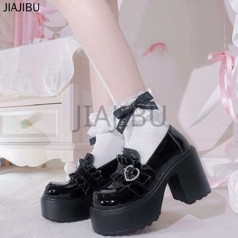 Size 45 High Quality Plus Size Women's Shoes British College Style Non-slip Round Toe Shiny Slip-on Loafers Retro Japanese JK Uniform Black High Heeled School Shoes for Girls Korean Fashion Casual Platform Mary Jane Small Leather Shoes 44 43 42 41
