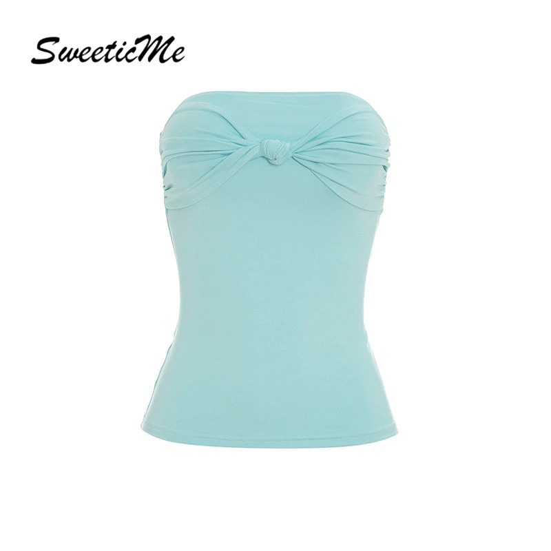 SweeticMe ผู้หญิง 2026 ใหม่แฟชั่นสีทึบ Casual Vacation Knot Tube Tops + กางเกงขาสั้นชุด