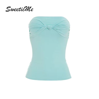 SweeticMe ผู้หญิง 2026 ใหม่แฟชั่นสีทึบ Casual Vacation Knot Tube Tops + กางเกงขาสั้นชุด