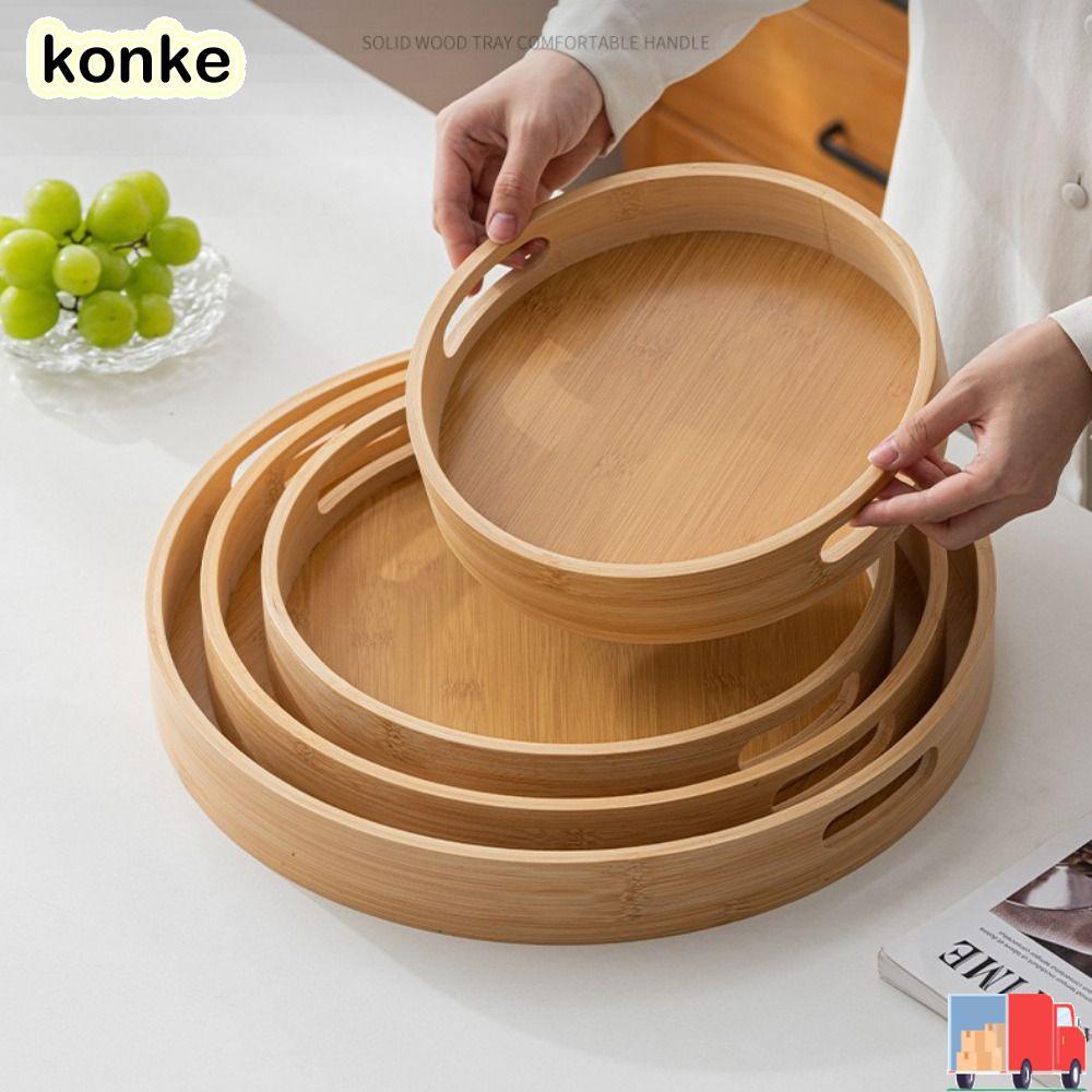 KONKE ถาดไม้, ถาดเสิร์ฟไม้ทรงกลม, 25/30/35/40 ซม.พร้อมที่จับถาดอาหารชากาแฟตารางบ้าน