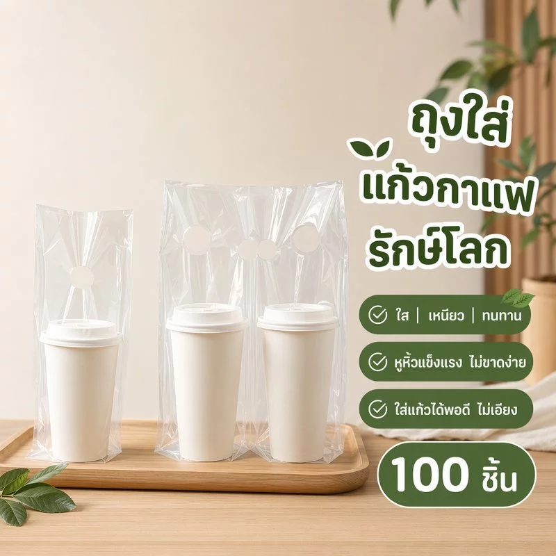 ถุงใส่แก้วน้ำ ถุงหิ้วแก้ว ถุงแก้วคู่ ถุงแก้วเดี่ยว พลาสติกเหนียว ทนทาน ร้านเครื่องดื่ม 100 ใบ