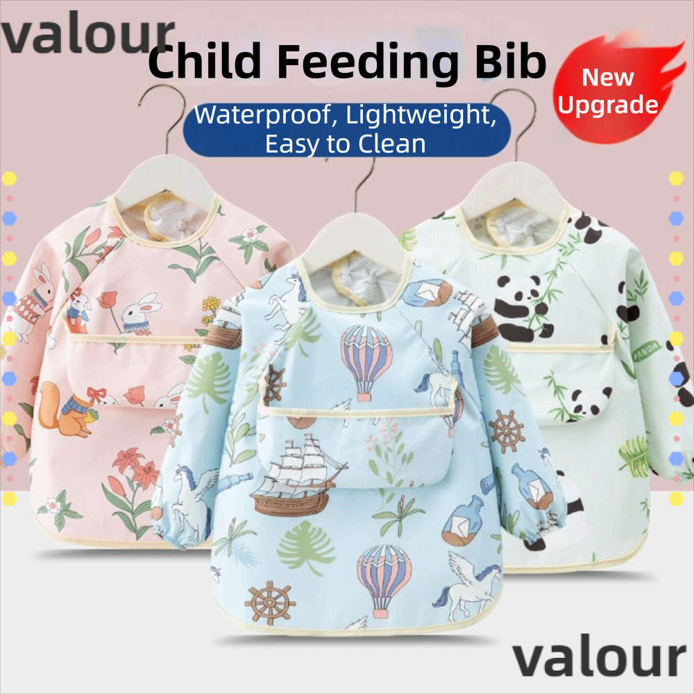 VALOUR ผ้ากันเปื้อนเด็กแขนยาว กระเป๋าใส่อาหาร สม็อคกันน้ํา คุณภาพสูง