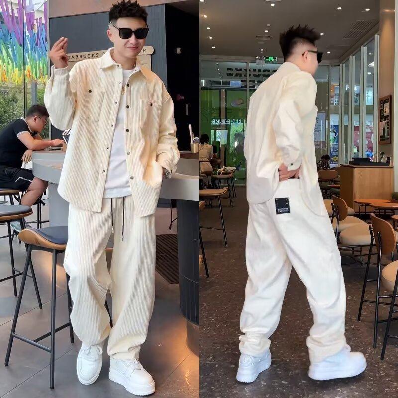 ขนาดใหญ่ 150 กก. High-End Pit Stripe ชุดลําลองผู้ชายเสื้อแจ็คเก็ต Street สวมกางเกงตรงชุดสองชิ้น 2