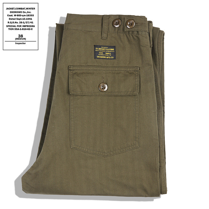OKONKWO American Retro ทหารกางเกง OG-107 Overalls กางเกงลําลอง Herringbone รูปแบบกางเกง Ami สีกากี