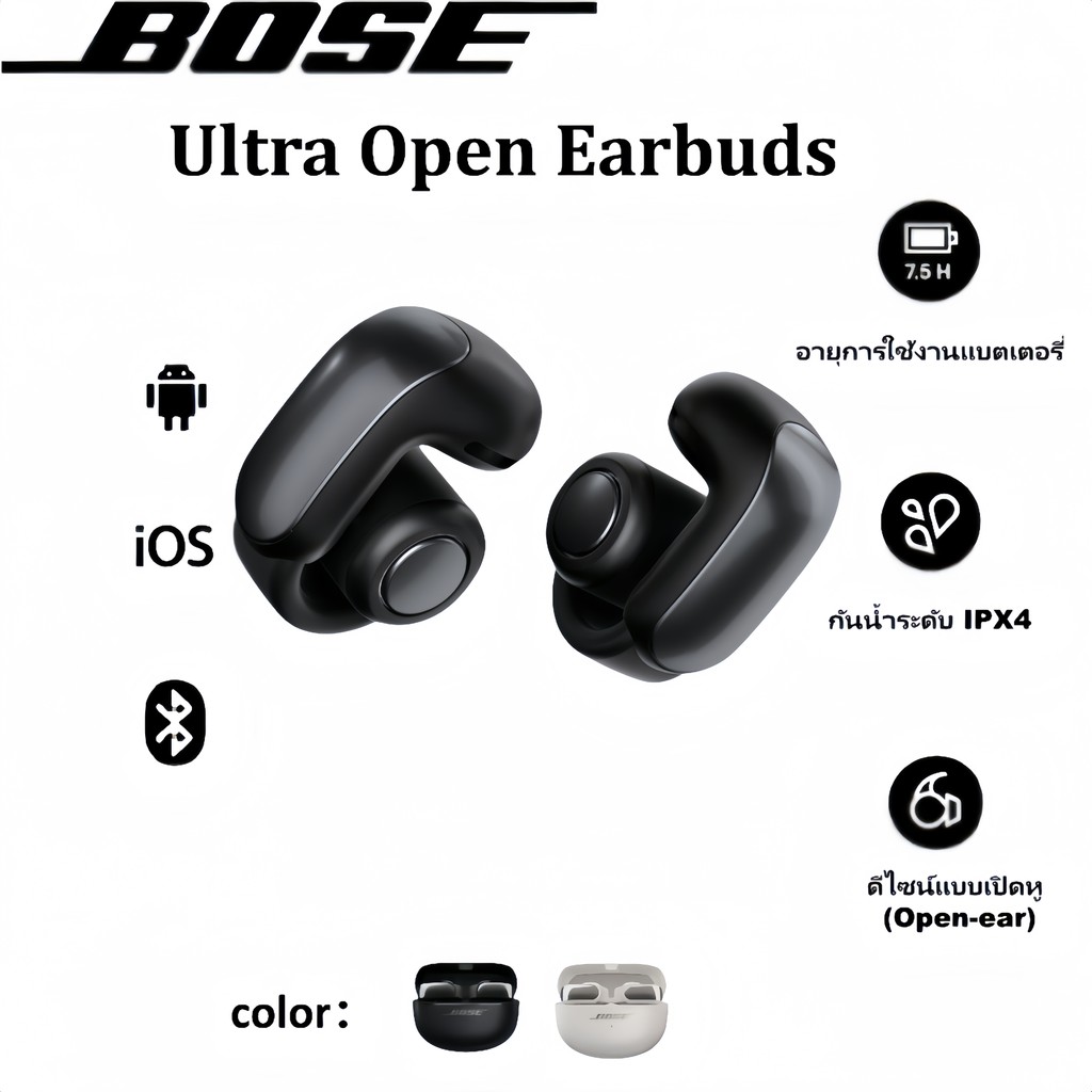 Bose Ultra Open Earbuds หูฟังไร้สายแบบเปิดหู - ดีไซน์เปิดหูสำหรับการออกกำลังกาย, 19.5 ชั่วโมงการเล่น, ระบบตัดเสียงรบกวน AI - สีดำ/ขาว