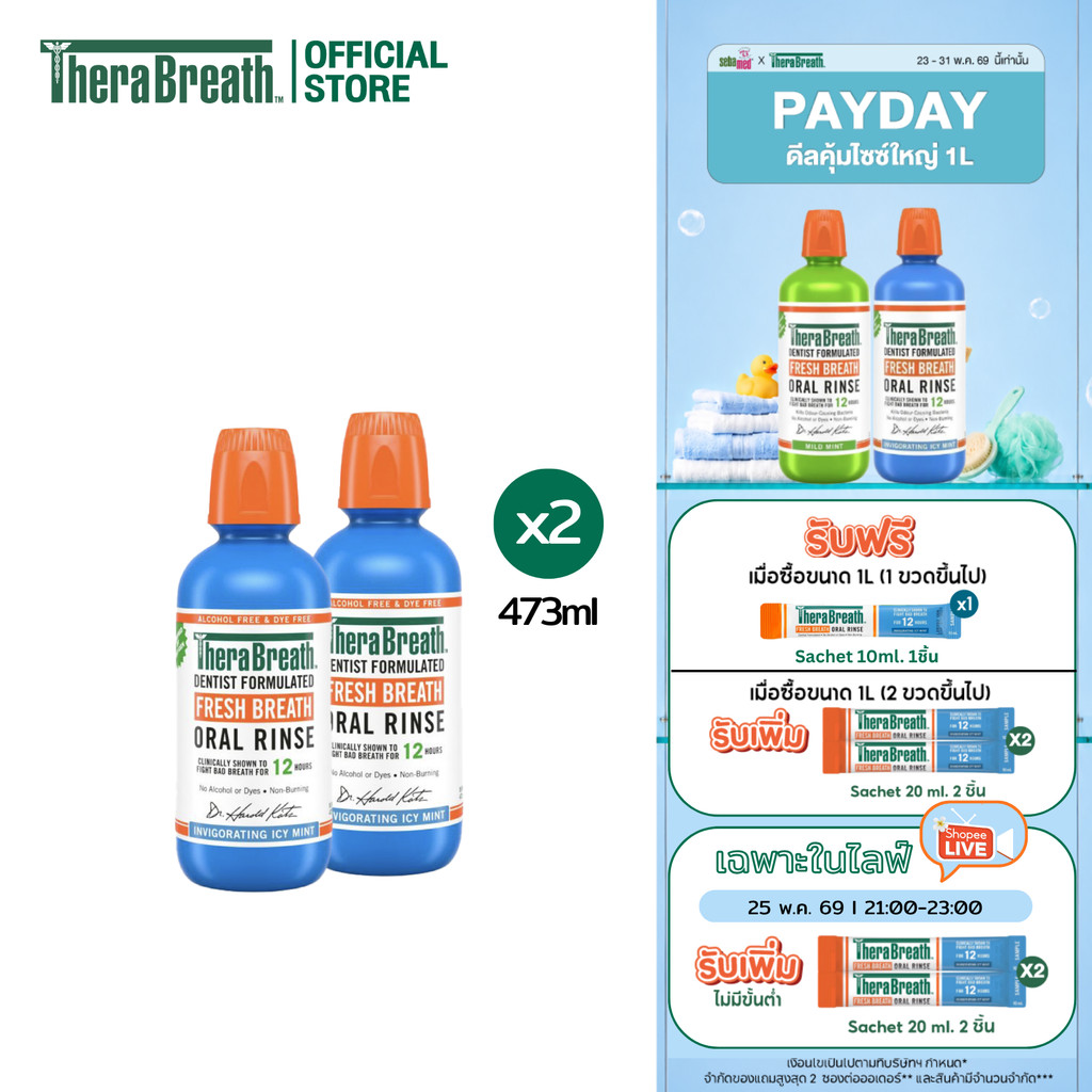 [แพ็คคู่] TheraBreath 473 ml สูตร Invigorating Icy Mint - Mouthwash น้ำยาบ้วนปาก ลดกลิ่นปาก ไม่มีแอลกอฮอล์