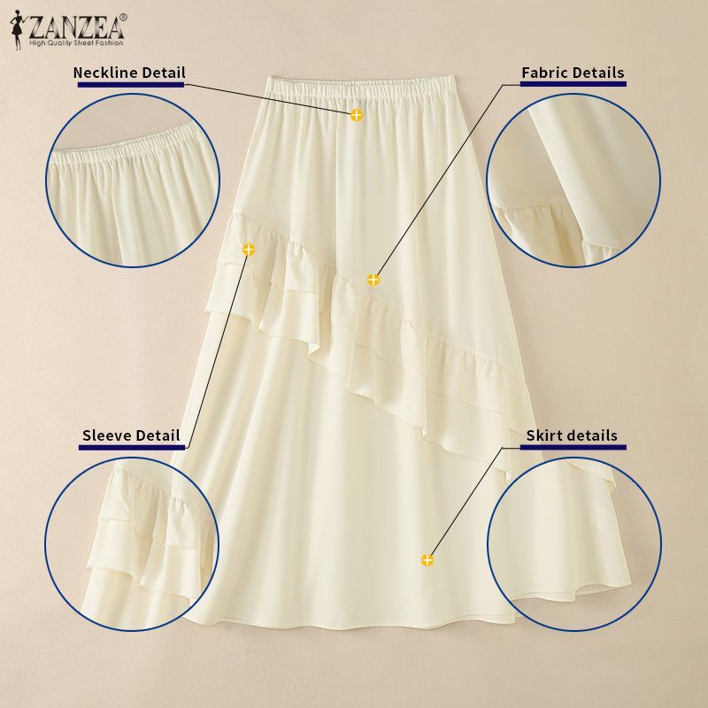 ZANZEA ผู้หญิงเกาหลี Elegant Ladylike เอวยางยืด Ruffles Splicing หลวม Maxi A-Line Oversirt — صورة 7