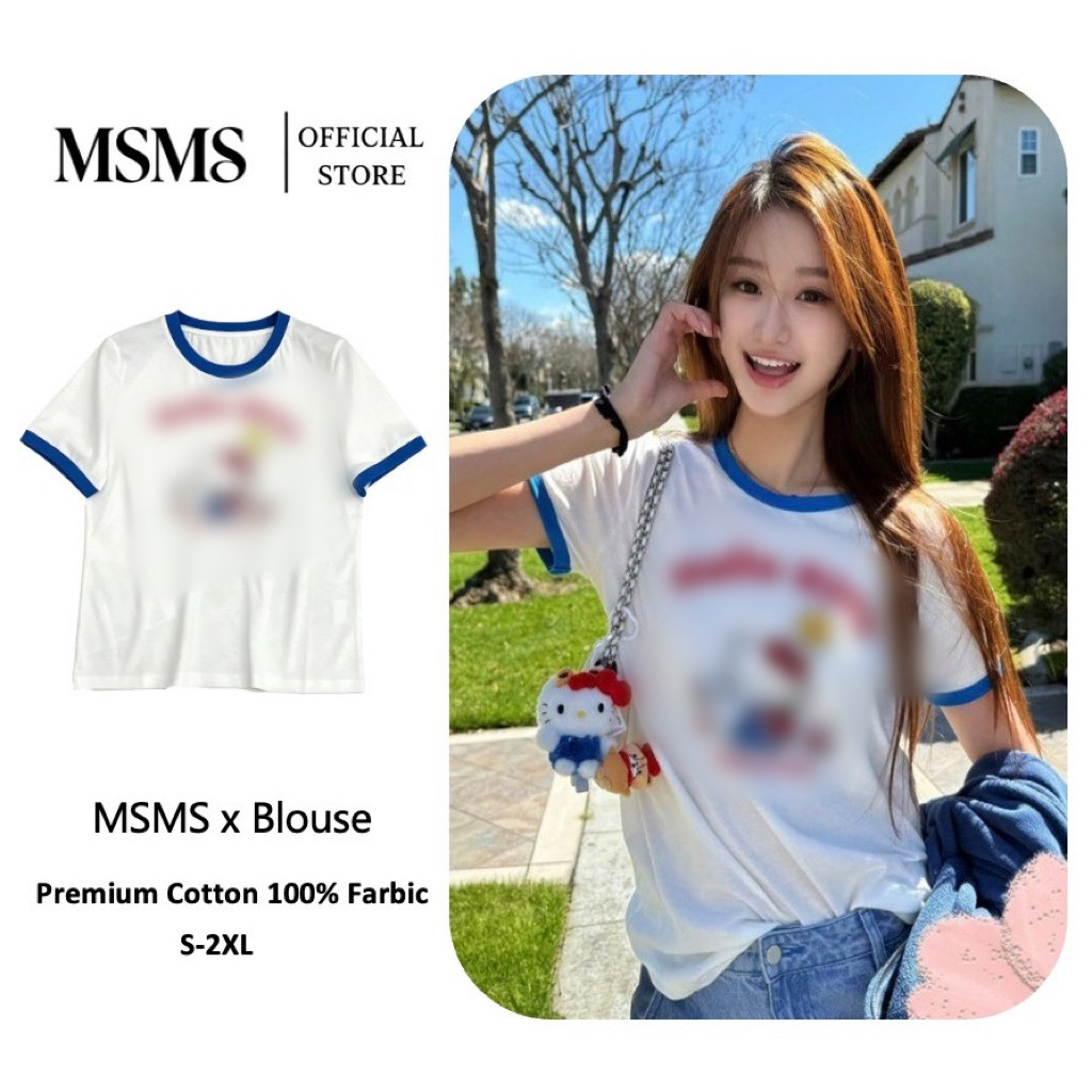 MSMS เสื้อท็อปแขนสั้นไหล่คงที่แถบฤดูร้อน ใหม่ เสื้อยืดผ้าฝ้ายพิมพ์ลาย Hello Kitty Slim Fit