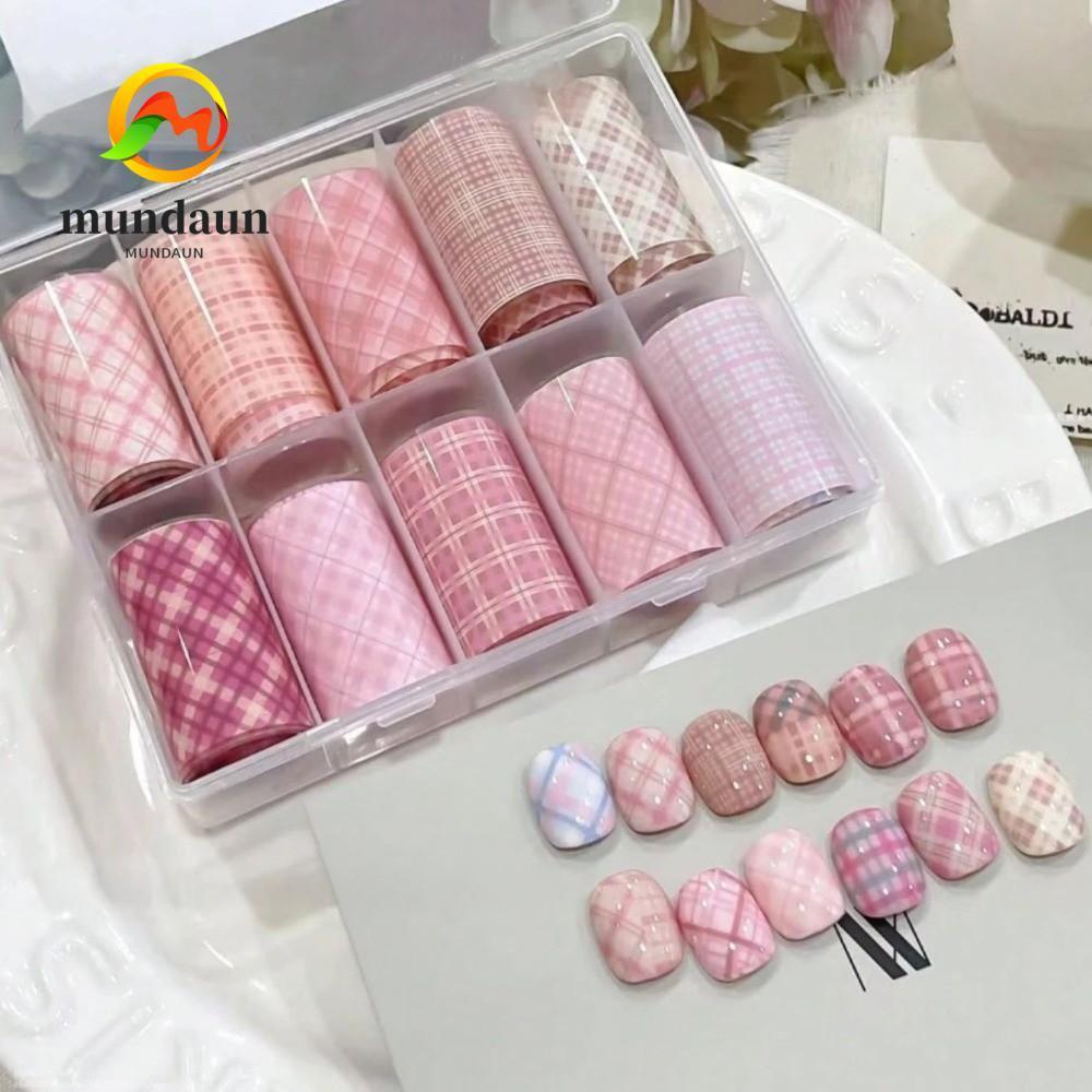 MUNDAUN สติกเกอร์เล็บ 10 ม้วน ลายดาวสีชมพูฟอยล์ ปั๊มลายสก๊อต DIY