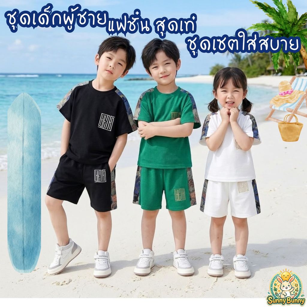 ชุดเด็กผู้ชาย แฟชั่น สุดเท่ ชุดสำหรับเด็กผู้ชายใส่สะบาย เสื้อพร้อมกางเกง เหมาะกับฤดูร้าน ขาว/ดำ/เขียว ลายหมีไม่ซ้ำกัน