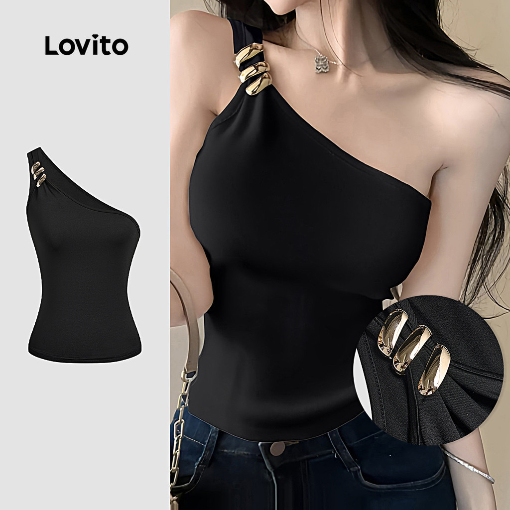 Lovito เสื้อลำลองเปิดไหล่สีดำ หัวเข็มขัดโลหะ สำหรับผู้หญิง ฤดูใบไม้ผลิ/ฤดูร้อน L137ED235
