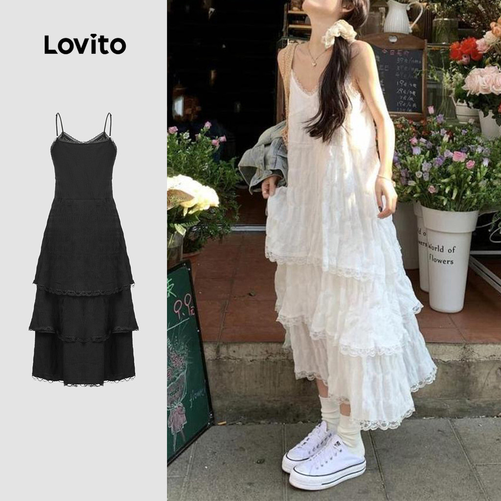 (LIVE STREAM SALE)Lovito เดรสผู้หญิง ลูกไม้ สีพื้น สไตล์ลำลอง LNA58337(หลากสี)