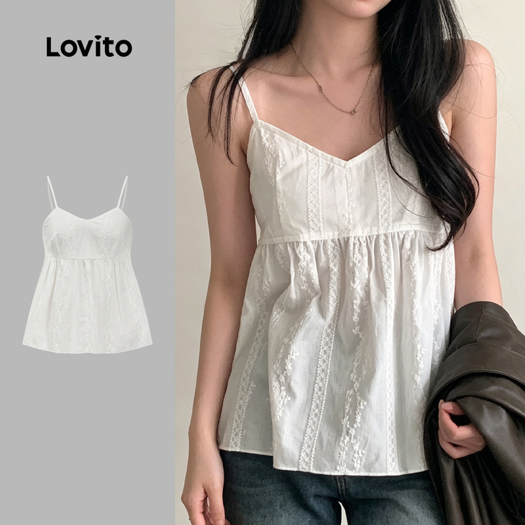 (Hot) Lovito โบฮีเมียนเสื้อกล้ามเสื้อกล้ามปักตาไก่ธรรมดาสําหรับผู้หญิง L89MD095