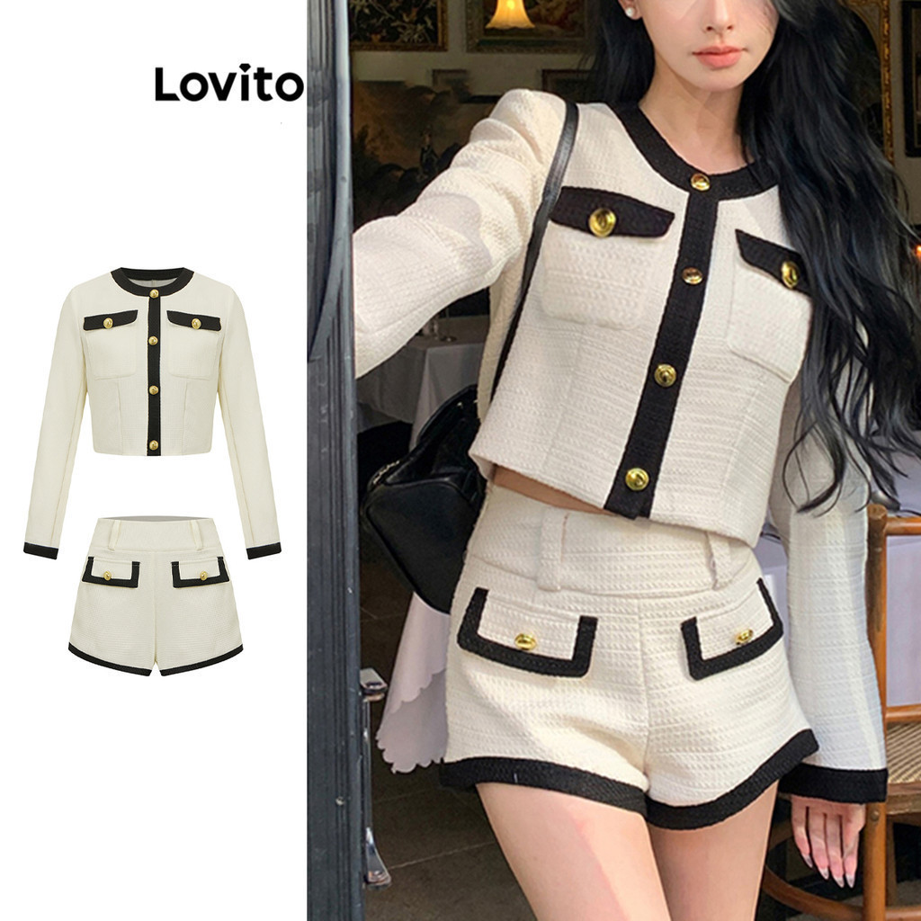 Lovito ชุดเซ็ทกางเกงขาสั้น มีกระดุม คัลเบอร์บล็อก แต่งขอบสี สีพื้น สไตล์หรูหรา L102AD373