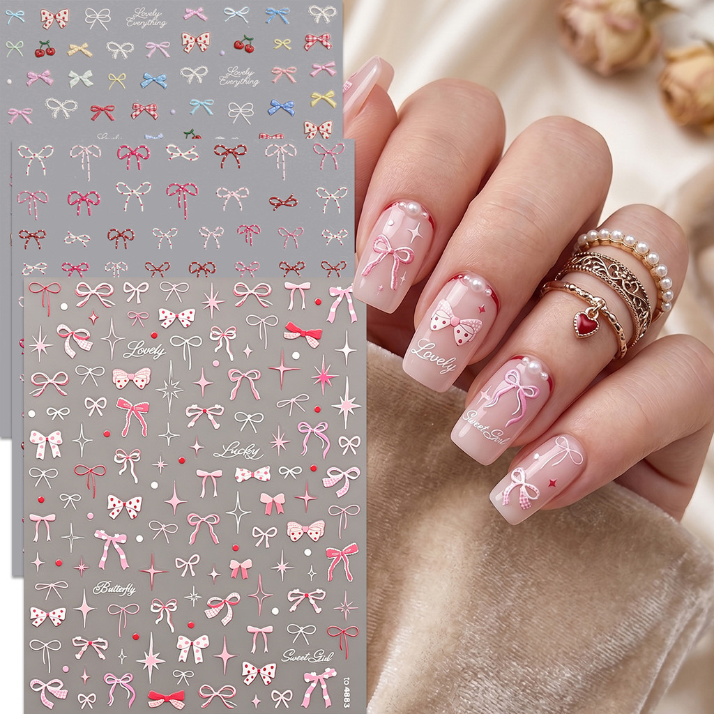 HAMA 5D นูนโบว์สติกเกอร์เล็บชุด Coquette สีชมพูริบบิ้น Cherry Nail Art Decals Y2K Star DIY ตกแต่งเล็บ 3 แผ่น
