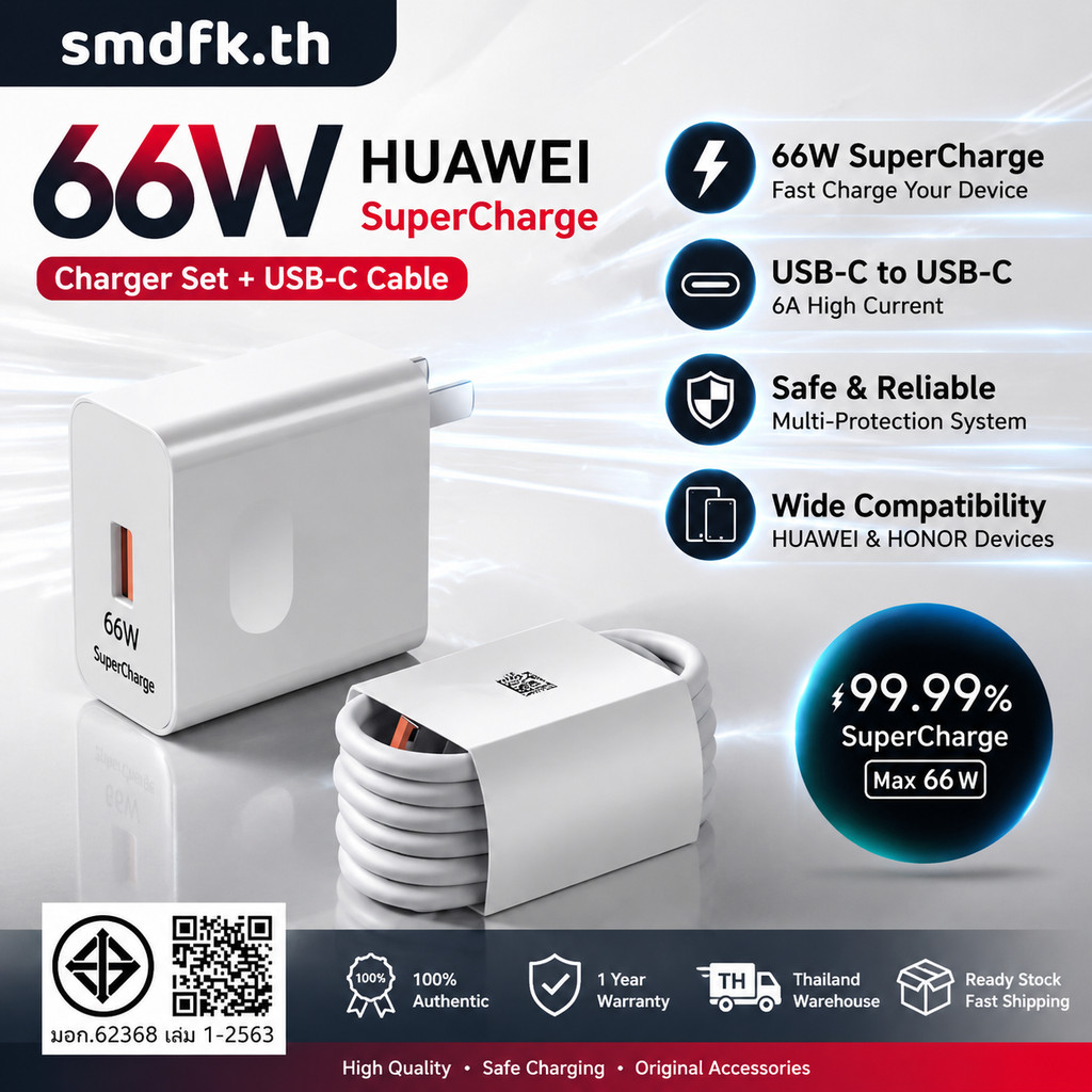 หัวชาร์จเร็วสำหรับ Huawei Honor 66W + สาย Type-C 6A USB-C to USB-C 1ม./2ม. รองรับ SuperCharge มอก. ประกัน1ปี ส่งจากไทย