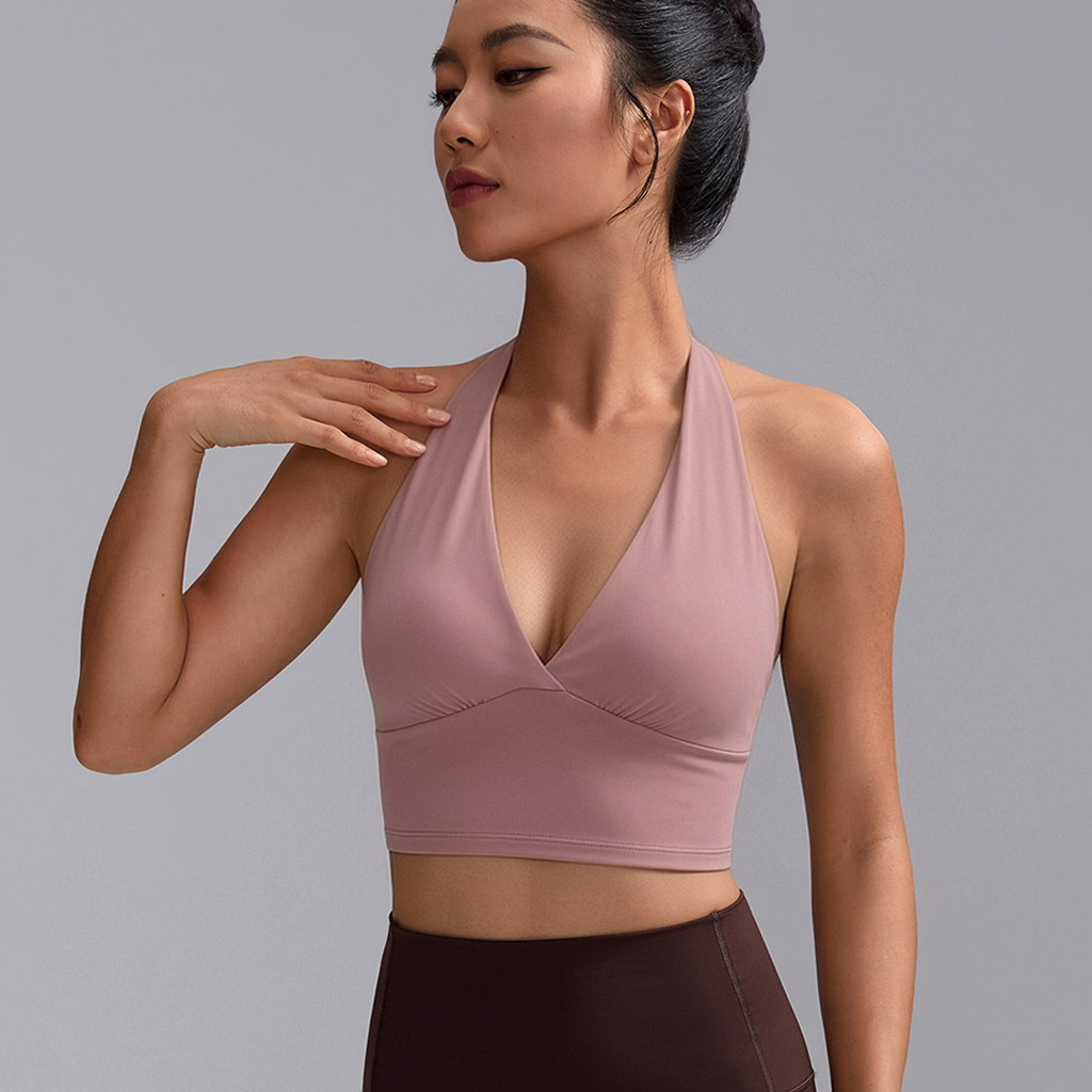 LASYYOGA(เบาะคงที่) สปอร์ตบราเซ็กซี่คอวีรูปตัว H กลับ Breathable กันกระแทก Bra Gym โยคะ