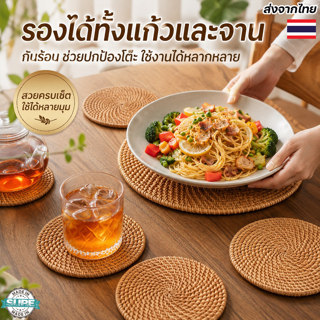 แผ่นรองจานหวายกันร้อน สไตล์วินเทจ ดีไซน์เรียบสวย ใช้รองแก้ว ถ้วยชา จานขนม เหมาะกับคาเฟ่และร้านอาหาร