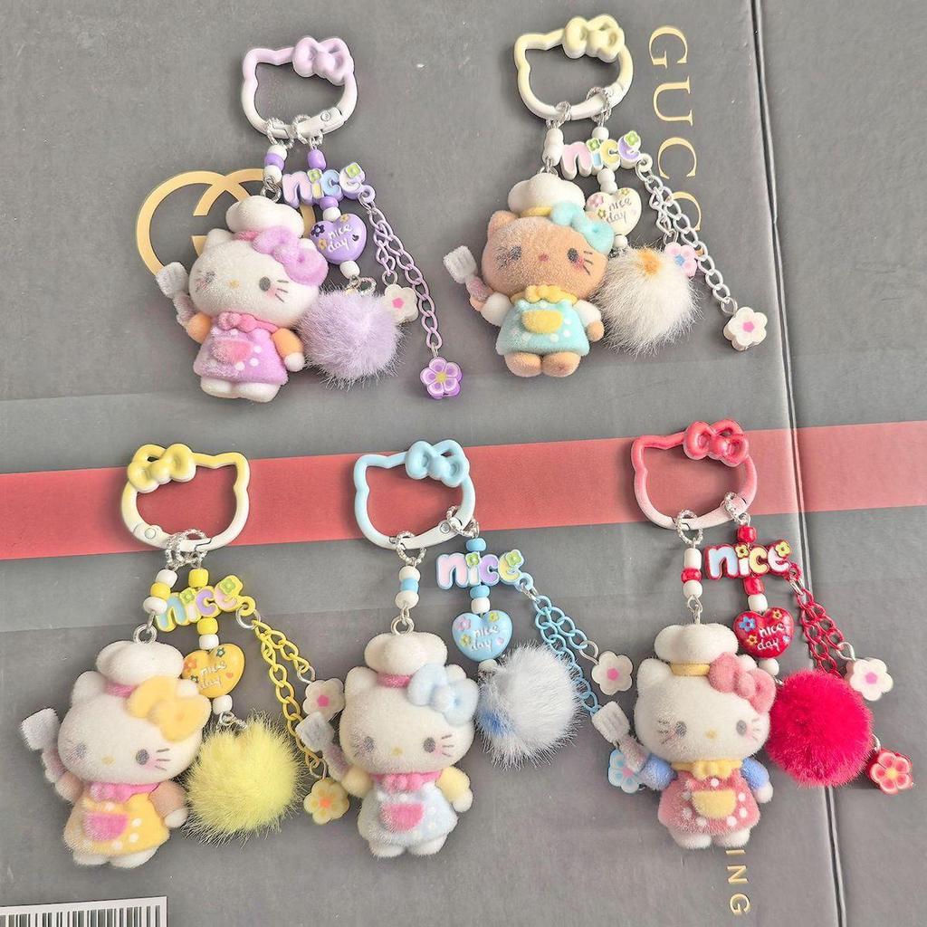 น่ารัก Hellokitty Dopamine จี้โซ่โทรศัพท์มือถือการ์ตูน Flocking Chef Hello Kitty DIY กระเป๋าพวงกุญแจแขวน