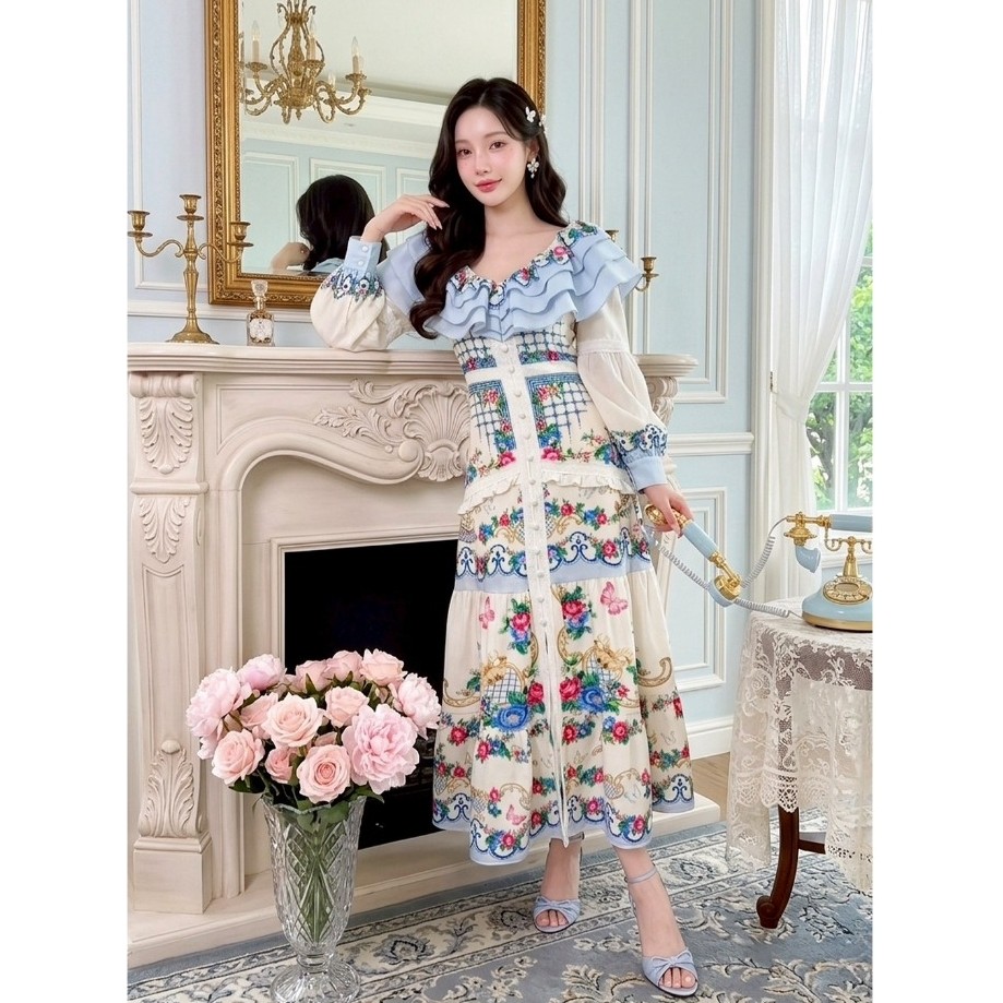 (มี3XL) Maria Diamond สีครีม Mukda Vintage Dress เดรสยาวผ้าเปเป้พิมพ์ลาย แขนยาว ปกระบาย แต่งกระดุมหน้า มีซิปหลัง