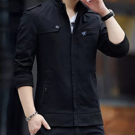 เสื้อแจ็คเก็ต PP. WEN WEN เสื้อแจ็คเก็ตผ้าใบผู้ชาย Slim Fit รุ่นแคนวาสแฟชั่น - สีดํา