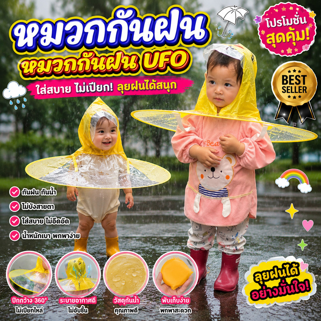 ไม่ต้องพกร่มให้เกะกะ 🥰 หมวกกันฝนเด็กสุดคิ้วท์
กันฝนรอบตัว 360° 🌧️ เด็ก ๆ ชอบแน่นอน