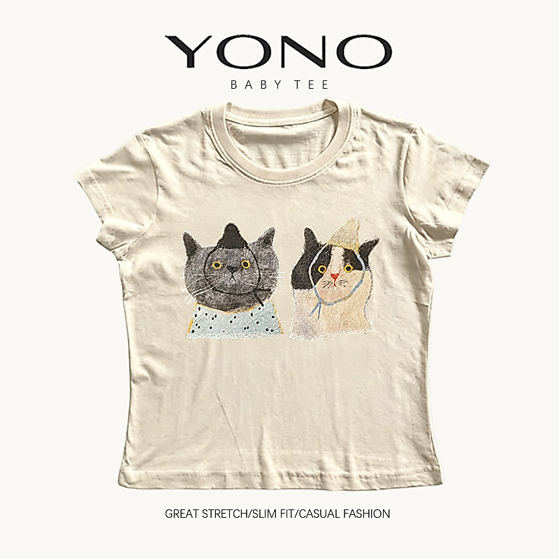 (พร้อมส่ง24ชม.) baby tee สีครีม ลายแมวคู่สไตล์อาร์ต ฟีลอบอุ่นละมุน ทรงเข้ารูป ใส่ชิลแมตช์ง่ายทุกวัน