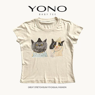 (พร้อมส่ง24ชม.) baby tee สีครีม ลายแมวคู่สไตล์อาร์ต ฟีลอบอุ่นละมุน ทรงเข้ารูป ใส่ชิลแมตช์ง่ายทุกวัน