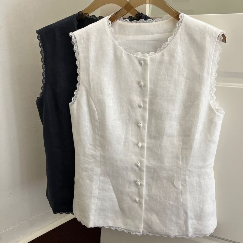 แขนกุดหรูหรารอบคอภาษาฝรั่งเศสคํา Top Niche ลูกไม้ผ้าลินินเสื้อกั๊ก