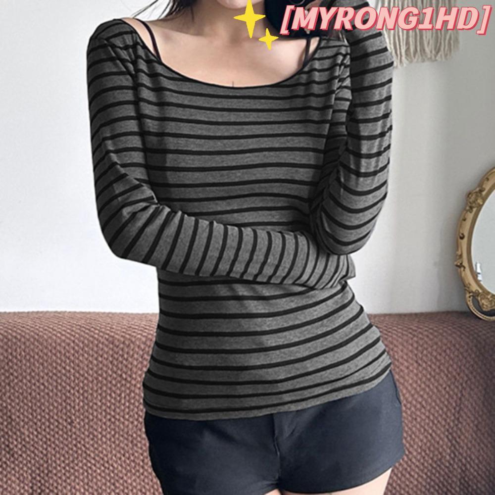 MYRONG1HD Harajuku Tee,แขนยาวOคอลายTee,ลําลองบางที่ไม่มีสายหนังSlim Fitไหล่Tเสื้อสําหรับฤดูใบไม้ผลิฤ