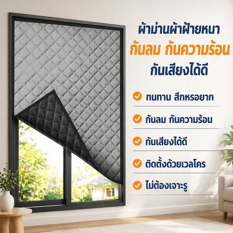 ผ้าม่านกันแสง ผ้าม่านกันความร้อน กันเสียง ผ้าหนา ติดเวลโคร ไม่ต้องเจาะ หน้าต่าง ห้องนอน