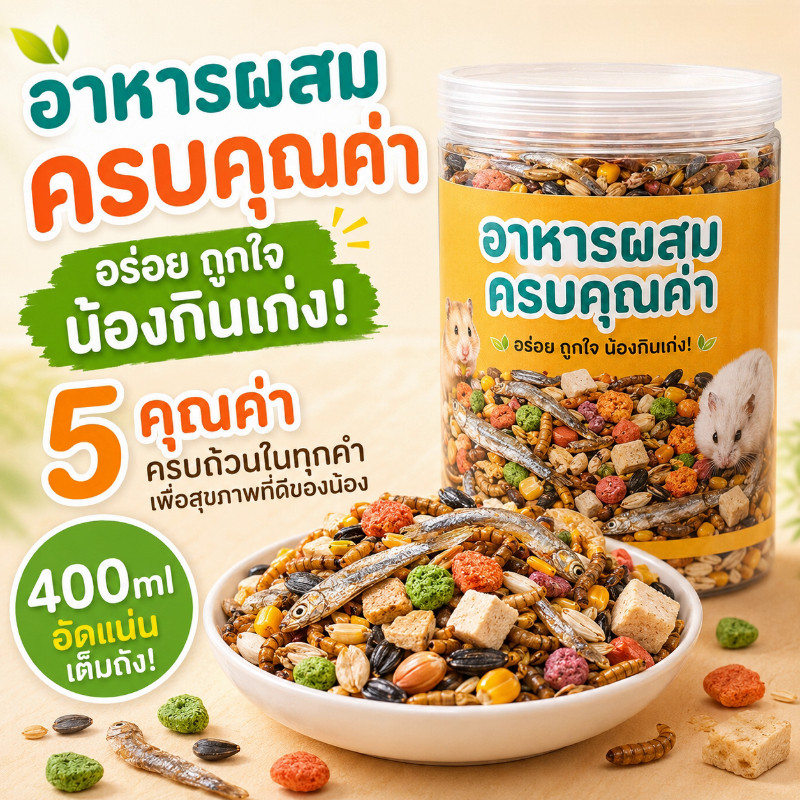 อาหารหนูแฮมสเตอร์ ผสม35ชนิด สูตรฟรีซดราย ปลาแห้ง+หนอนนก+ธัญพืช ครบสารอาหาร บำรุงฟัน เหมาะหนูทุกสายพันธุ์ ขนาด400ml