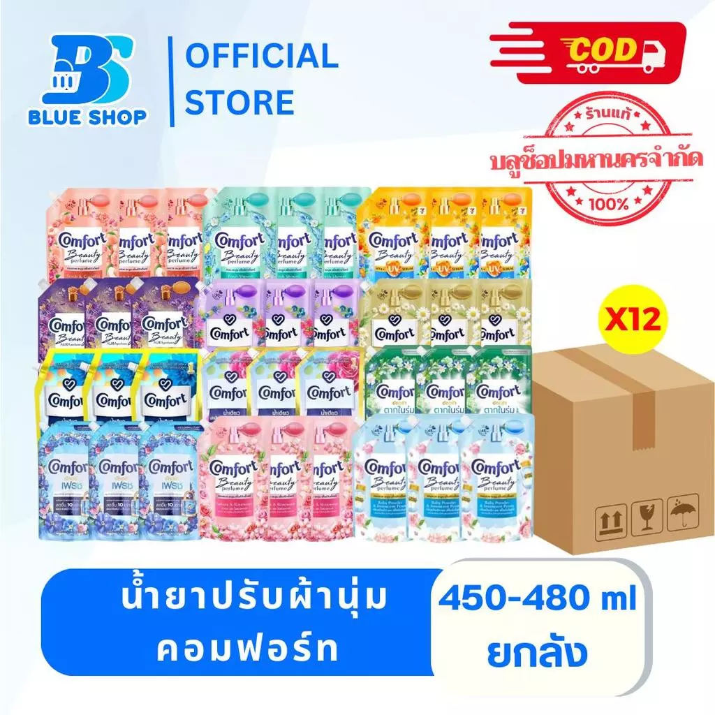 (ยกลัง 12 ถุง) Comfort คอมฟอร์ท น้ำยาปรับผ้านุ่ม 450-480มล. ความหอมนาน หลากหลายกลิ่นให้เลือก