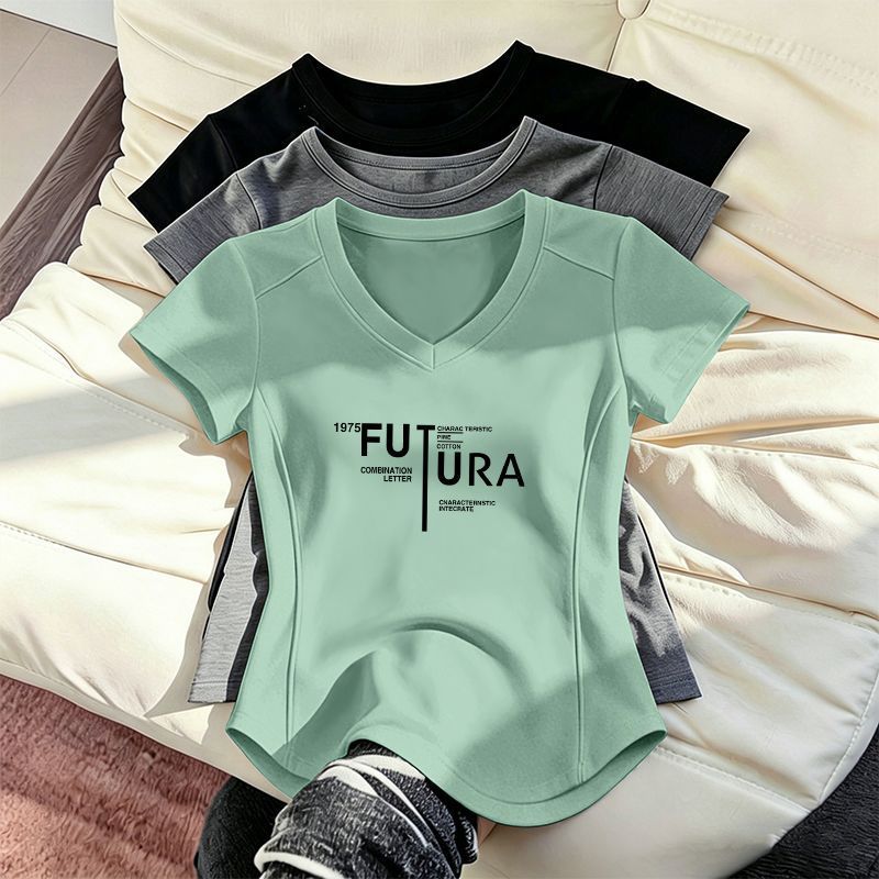 Pure Cotton American V-Neck Regular Shoulder Short-Sleeve T-Shirt for Women, Summer New Design, Fishbone Loose-Fit Slimming Large Size Women's Clothing