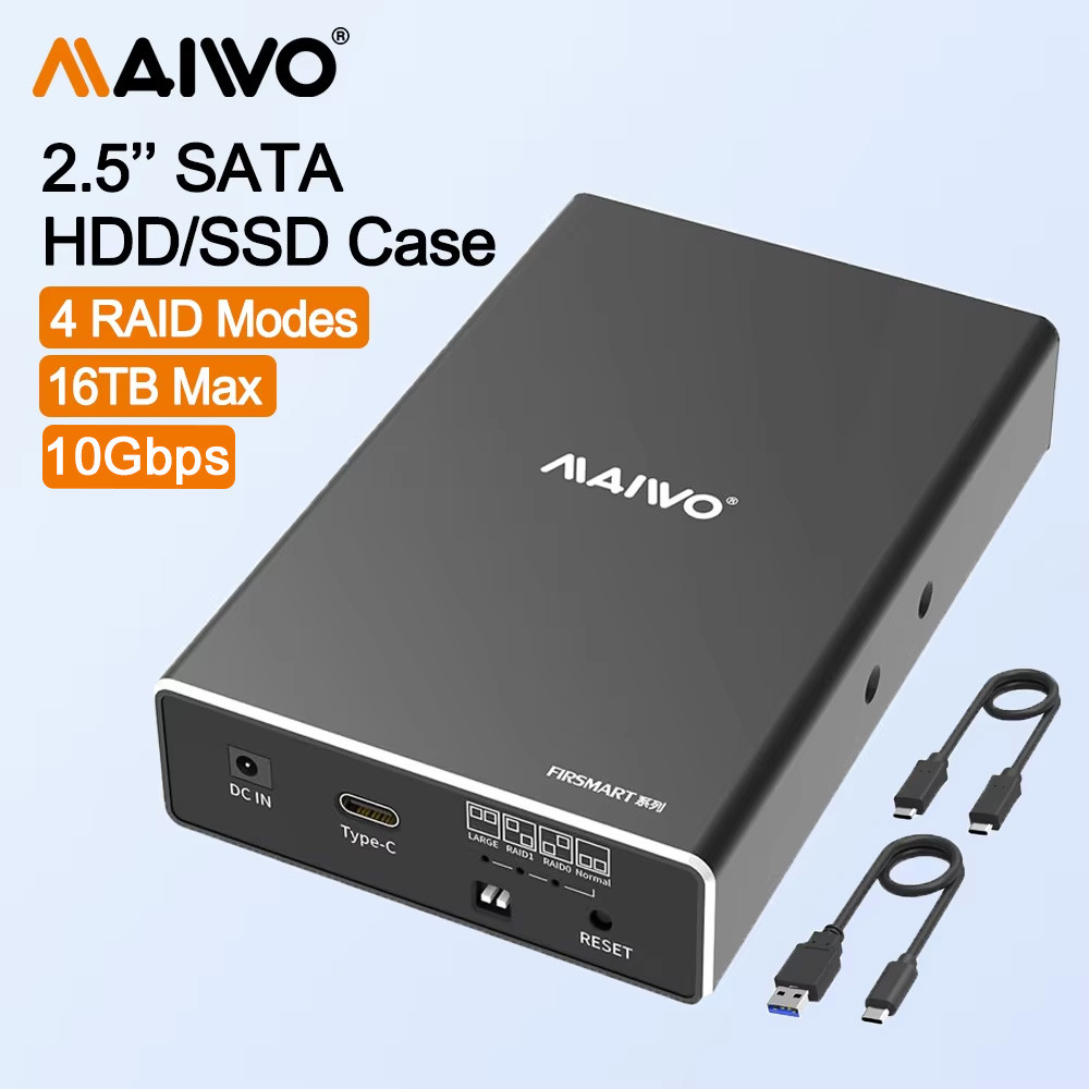 MAIWO Dual Bay 2.5 นิ้ว SATA SSD HDD Enclosure 10Gbps 4 โหมด RAID 16TB อลูมิเนียม Hard Drive Case